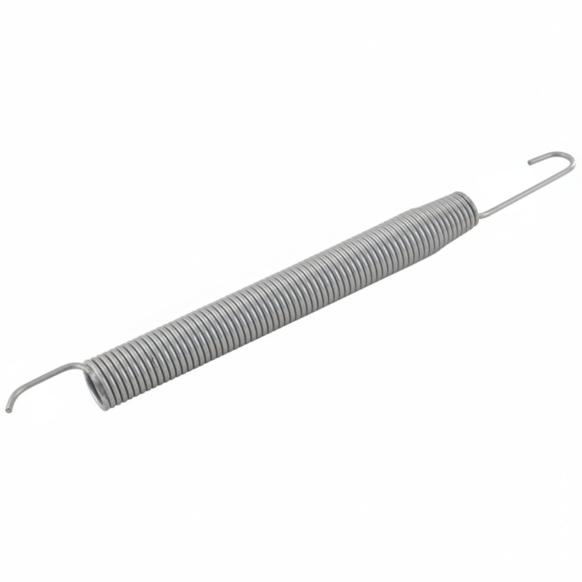 Coiled spring with metal hooks on a white background