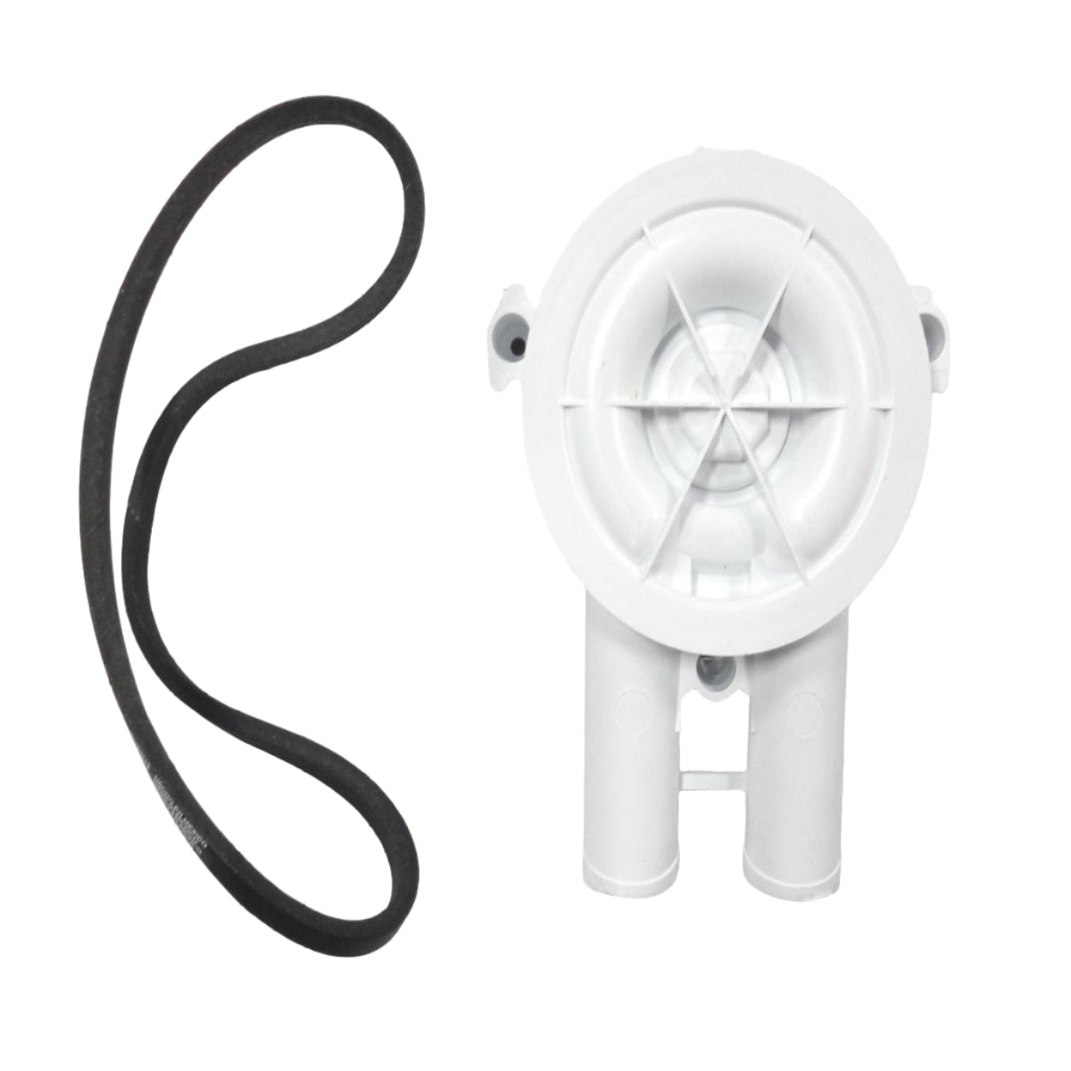 White fan blade and black belt on a grid background