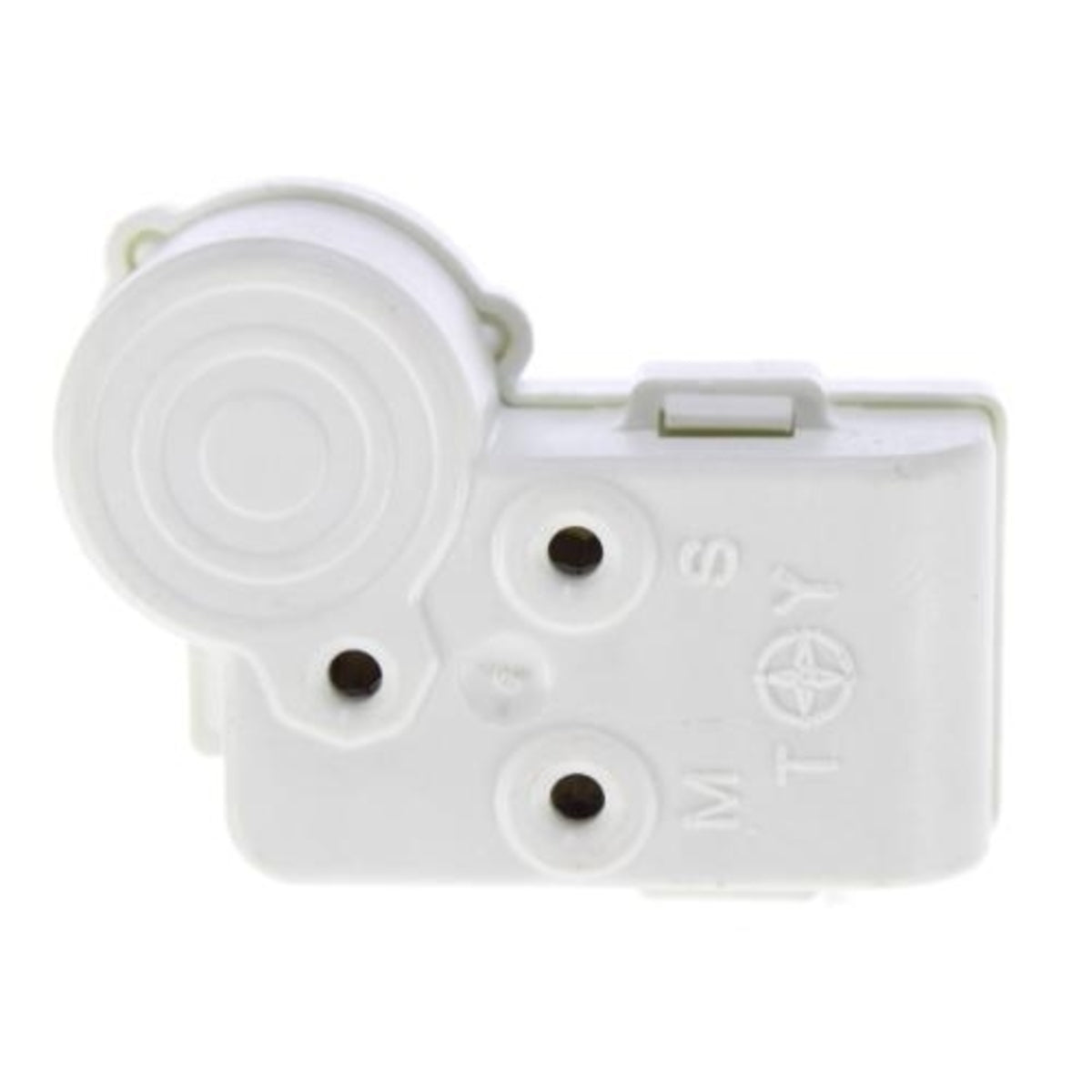 White plastic component with circular and rectangular slots on a white background