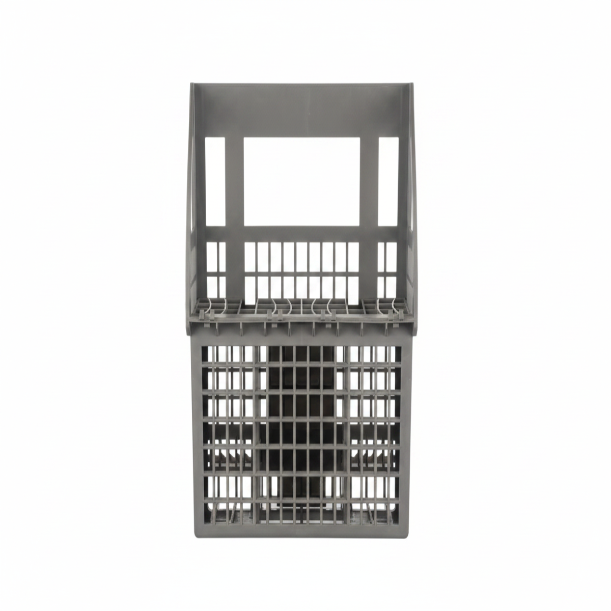 Gray plastic basket on a black and white checkered background