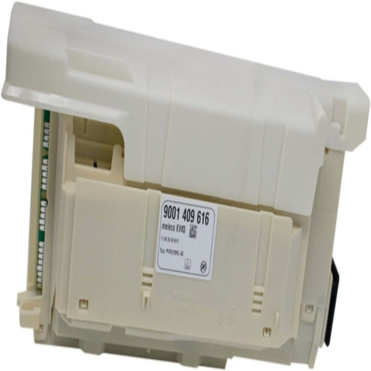 Beige electronic component with a label on a white background