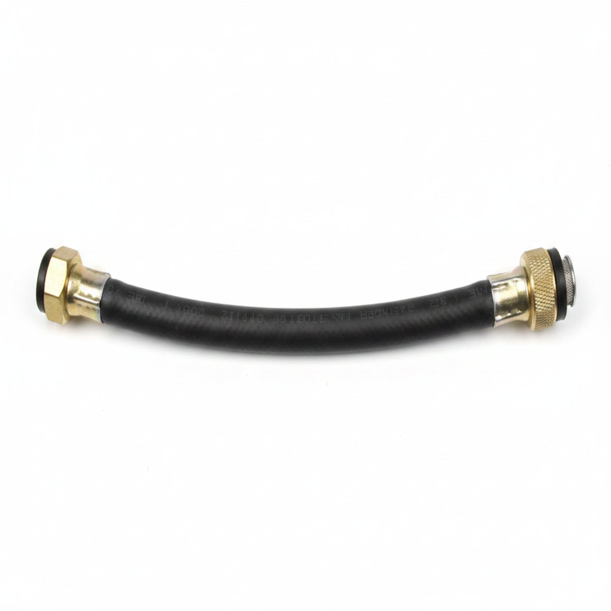 Black rubber hose with brass fittings on a grid background