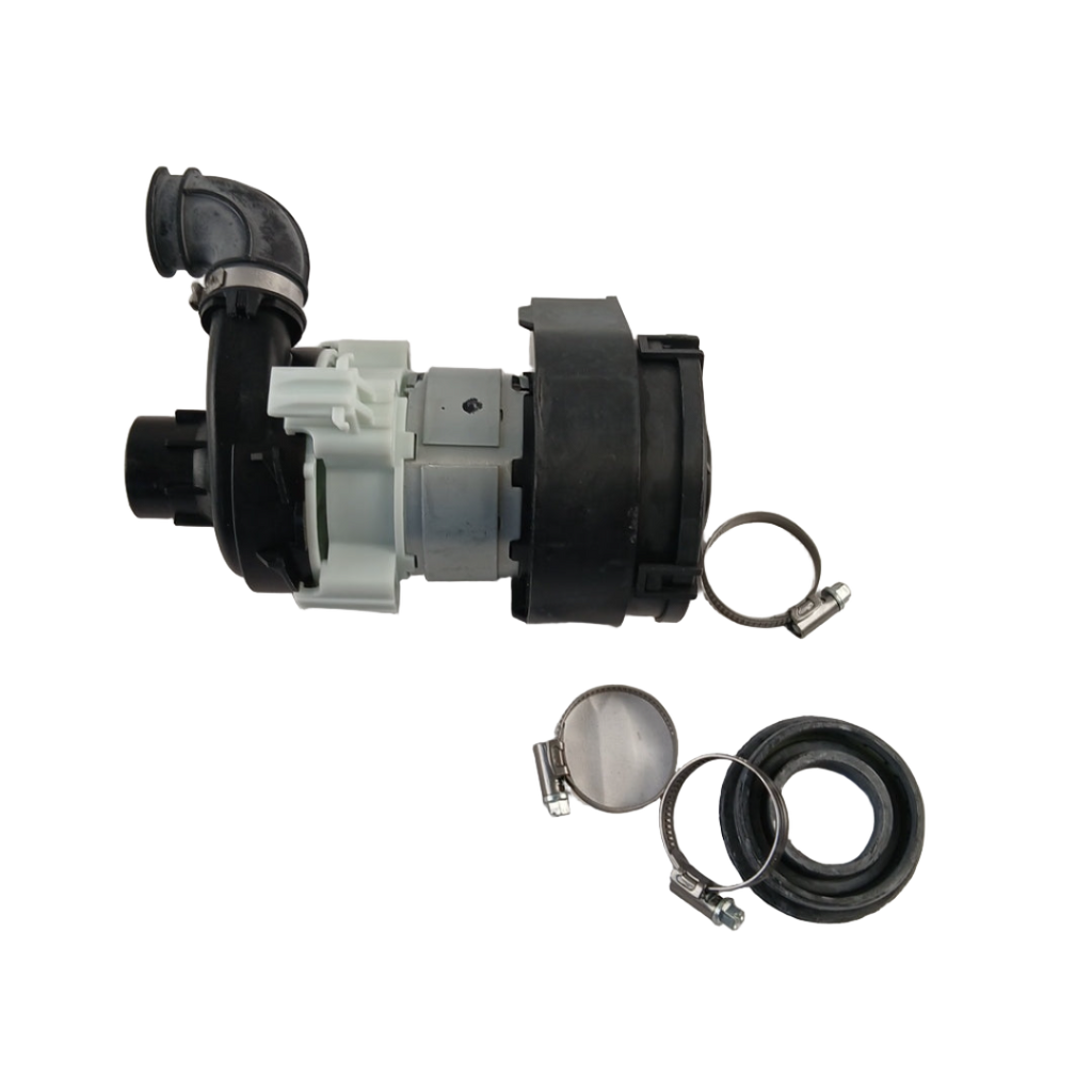 Mechanical pump assembly with various components on a white background