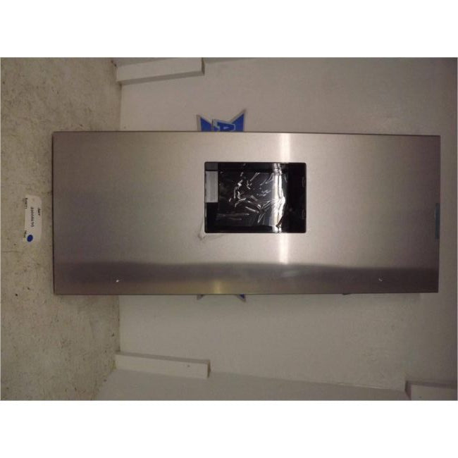 Stainless steel refrigerator with a small window on a plain background