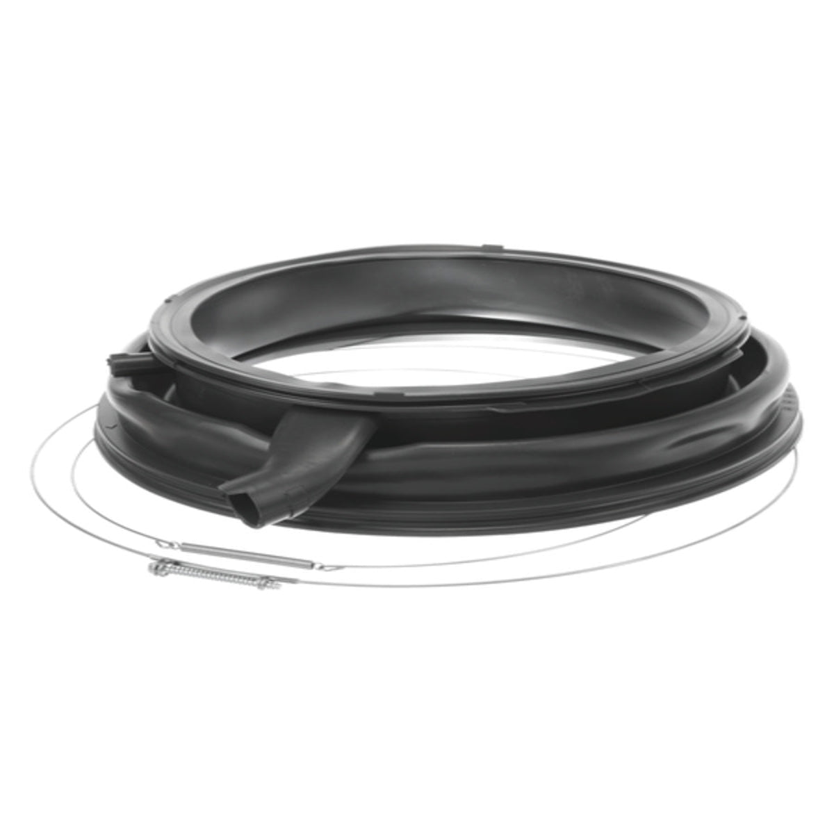 Black rubber hose with a metal clip on a white background