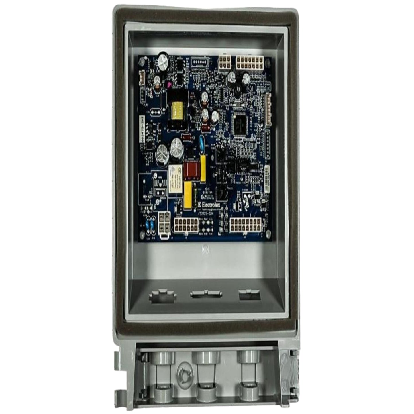 Electronic module with a circuit board on a white background