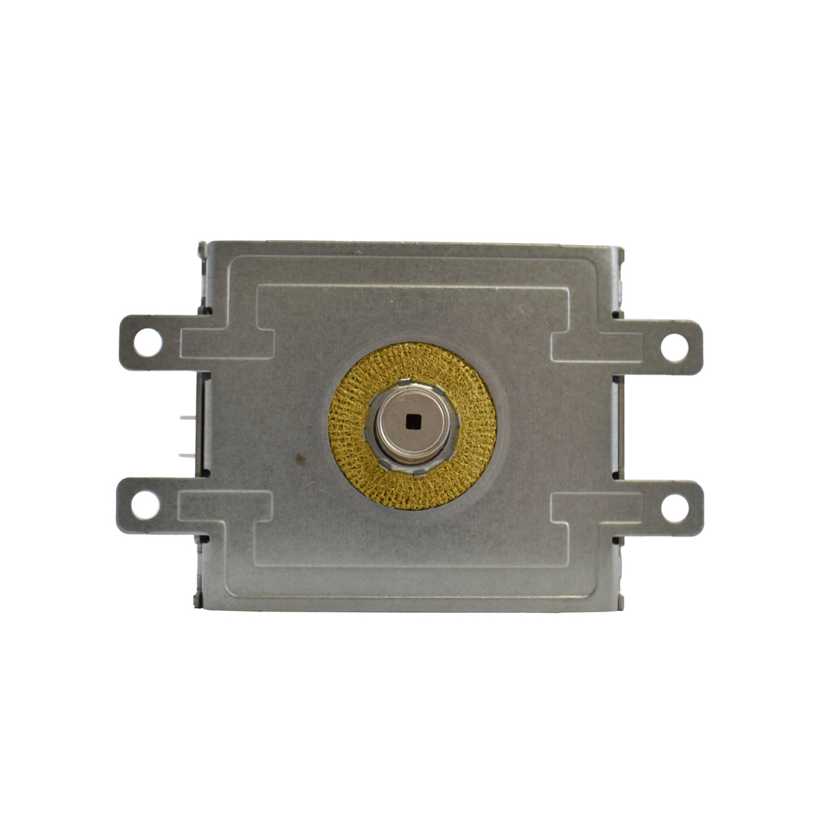 Mechanical component with gold and silver design on a white background