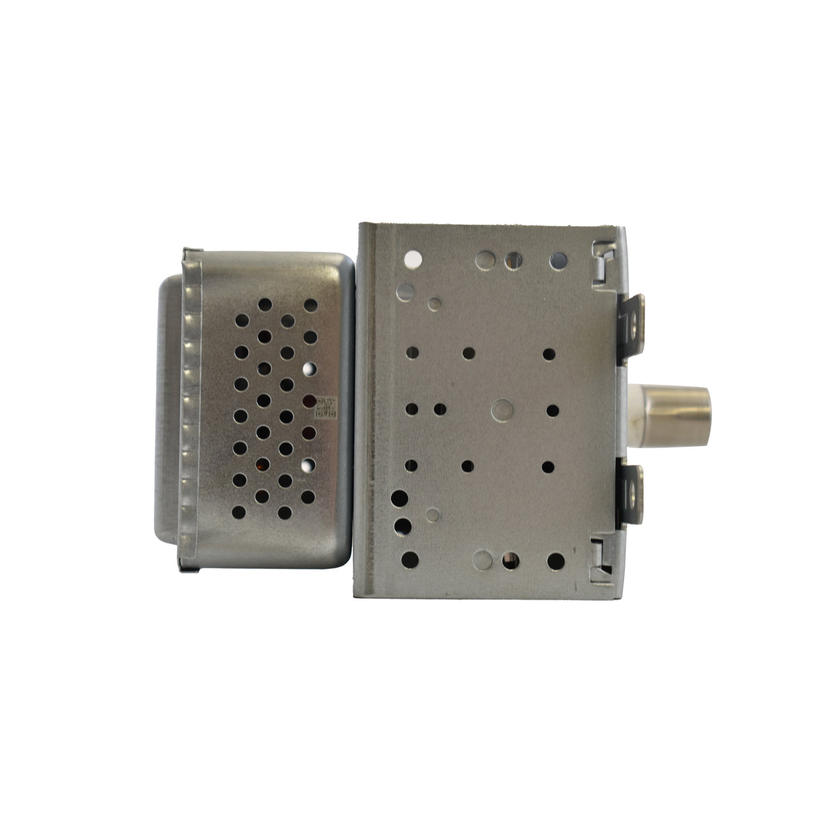 Metallic electronic module with connectors on a white background