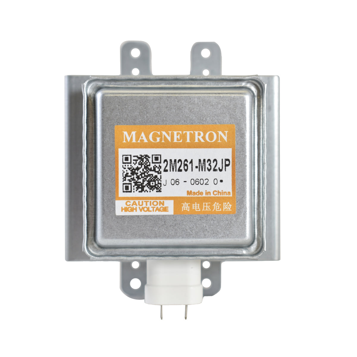 Magnetron with label and QR code on a white background