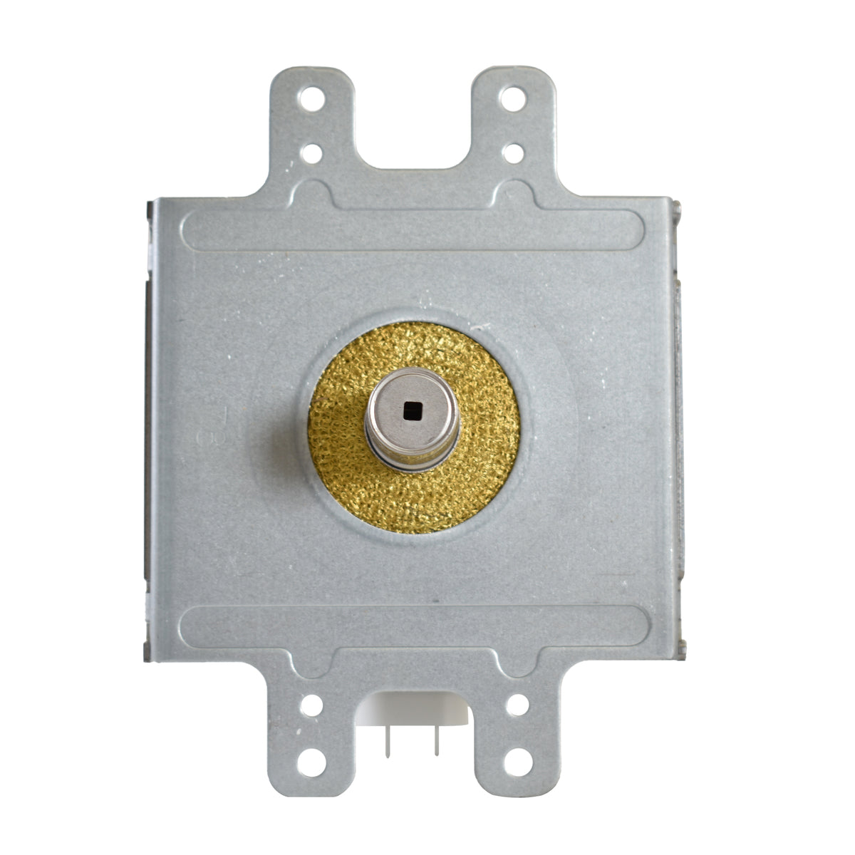 Mechanical component with gold-colored wheel on a white background