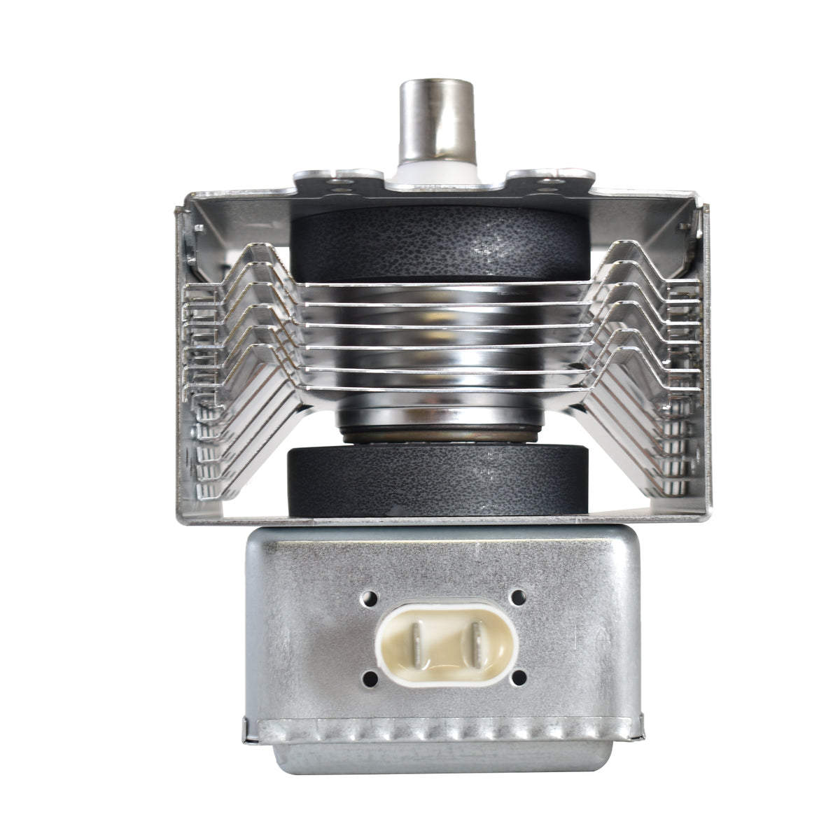 Metallic engine component on a white background