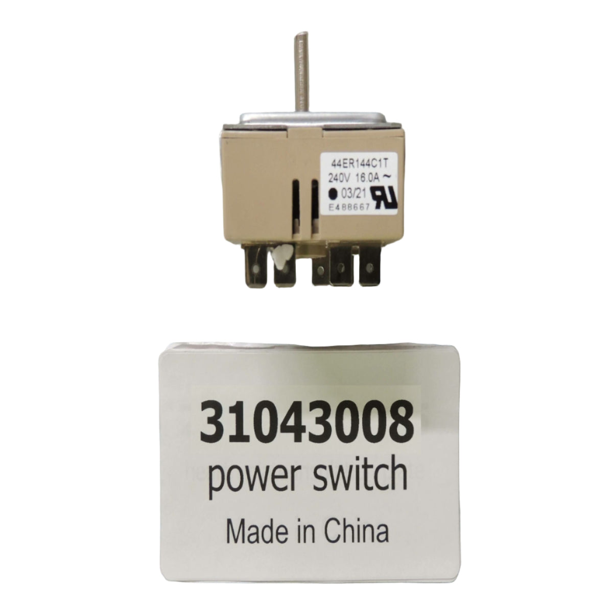 Power switch with a label indicating the part number and origin on a grid background
