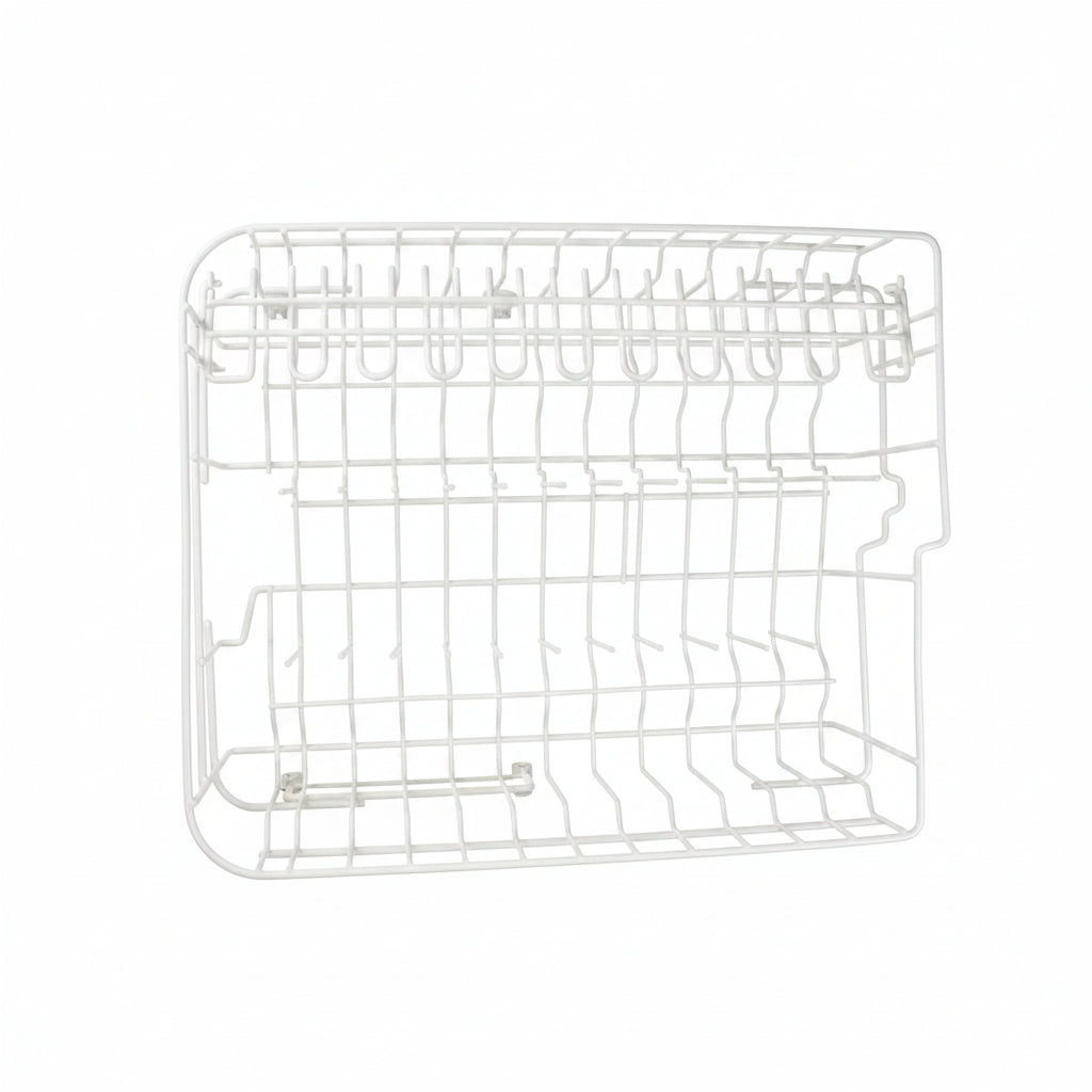 White wire mesh basket on a grid background