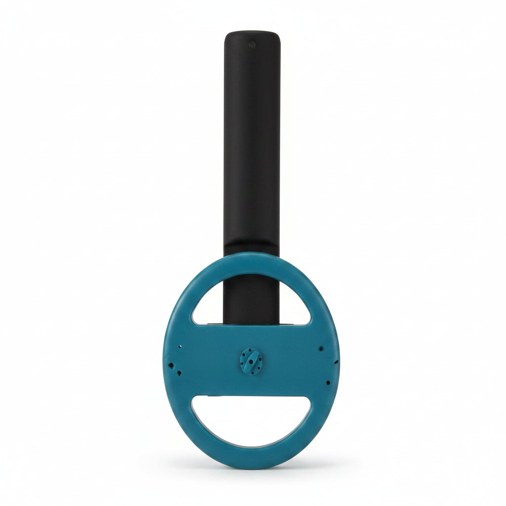 Blue handle on a black cylindrical object against a grid background