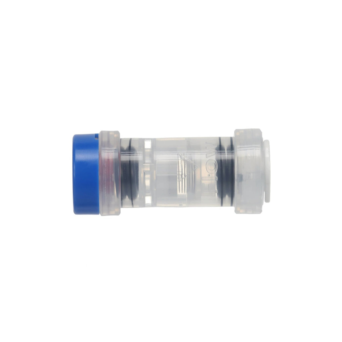 Clear plastic connector with blue cap on a white background
