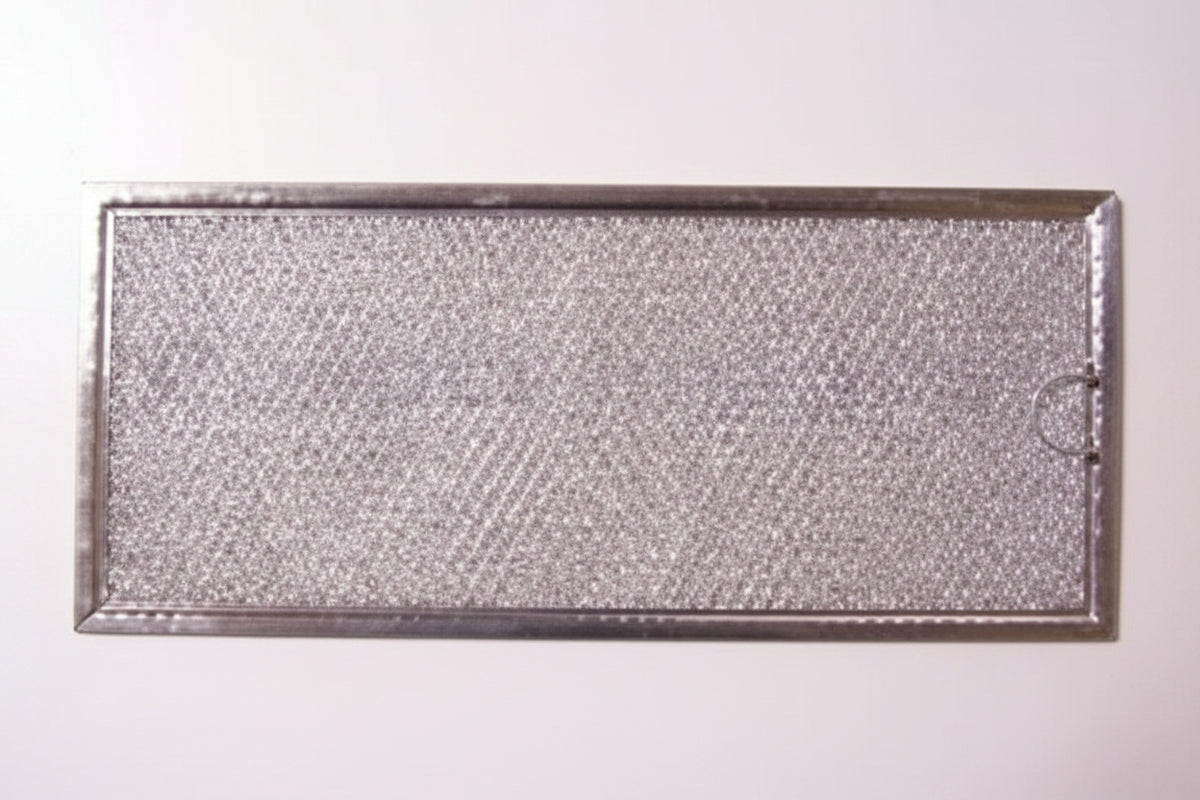 A rectangular silver metal mesh filter screen with a thin metallic border, shown against a plain off-white background.