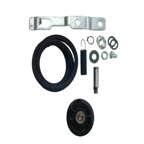 Mechanical parts including a belt, pulleys, and metal brackets on a white background