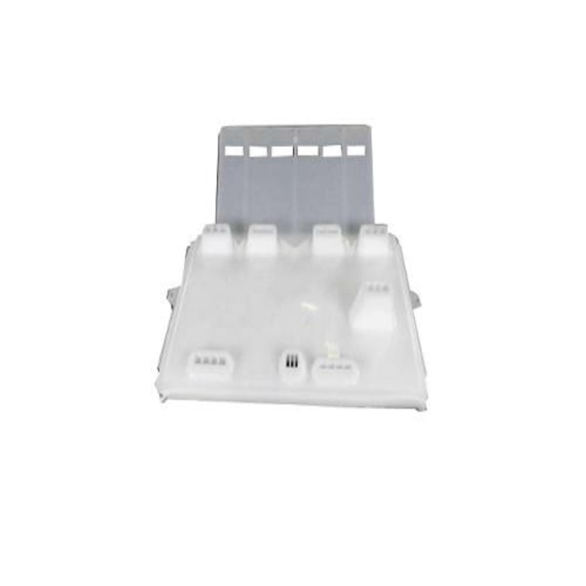 White plastic egg carton with a gray tool on a white background