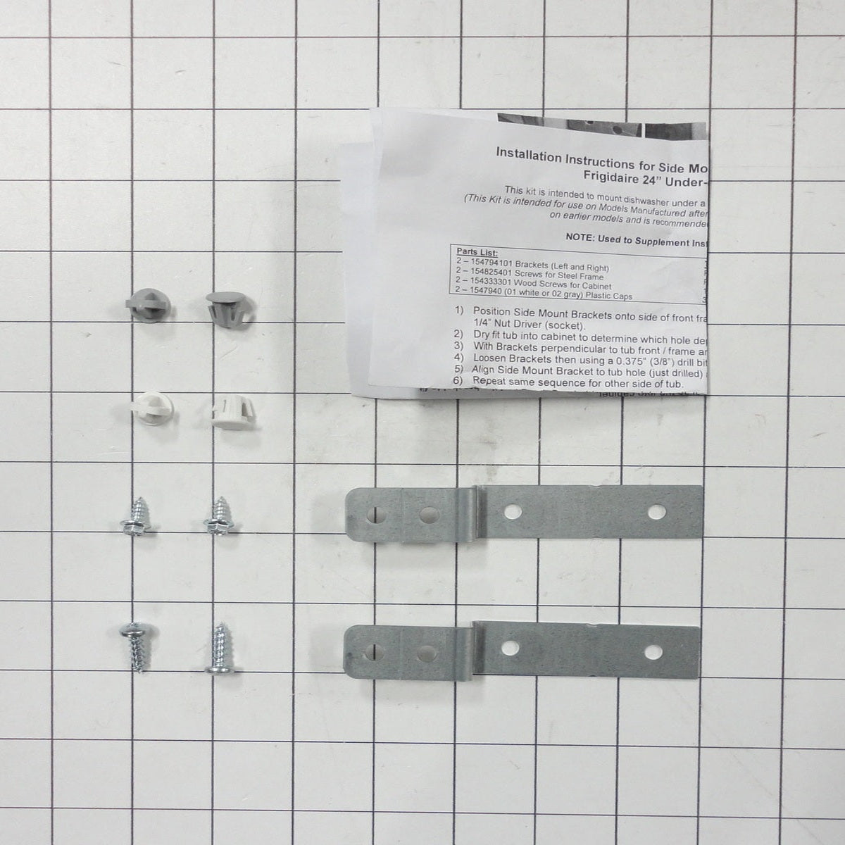 Metal brackets and screws with installation instructions on a grid background