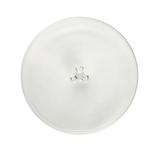 Round white plate with a small decorative emblem on a white background