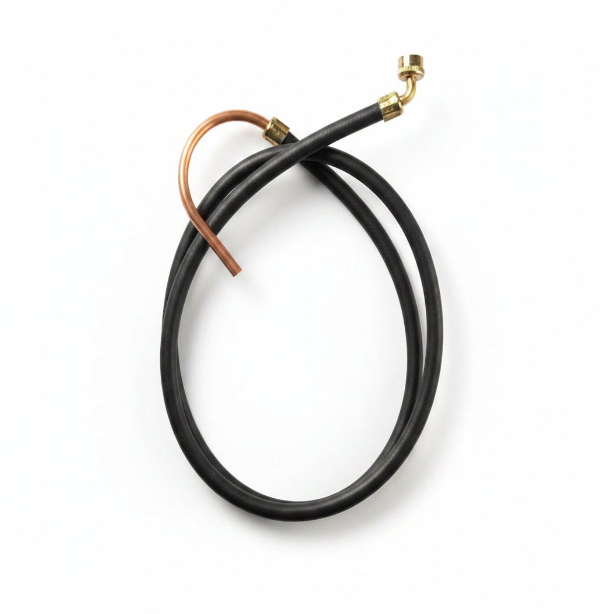 Black rubber hose with brass fitting on a grid background