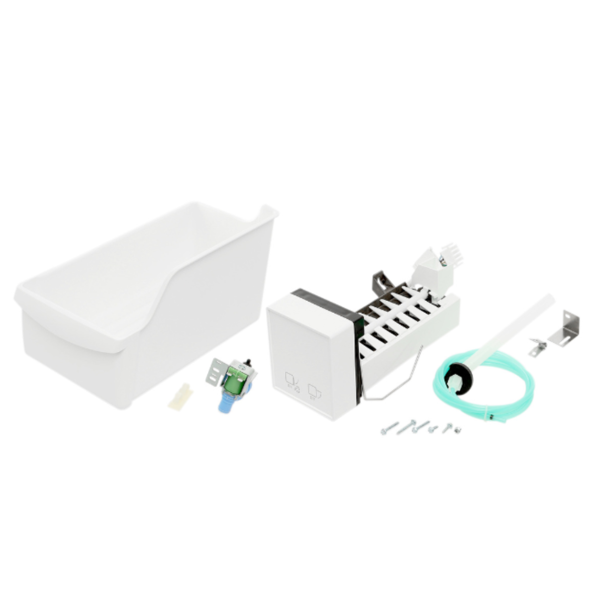Set of kitchen components including a white refrigerator water filter, ice maker, and other parts on a white background.