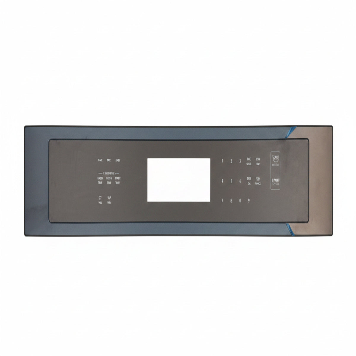 A long, narrow wall-mounted control panel with a dark gray faceplate, small white text labels, and a central black connector or plug, photographed against a white tiled wall.