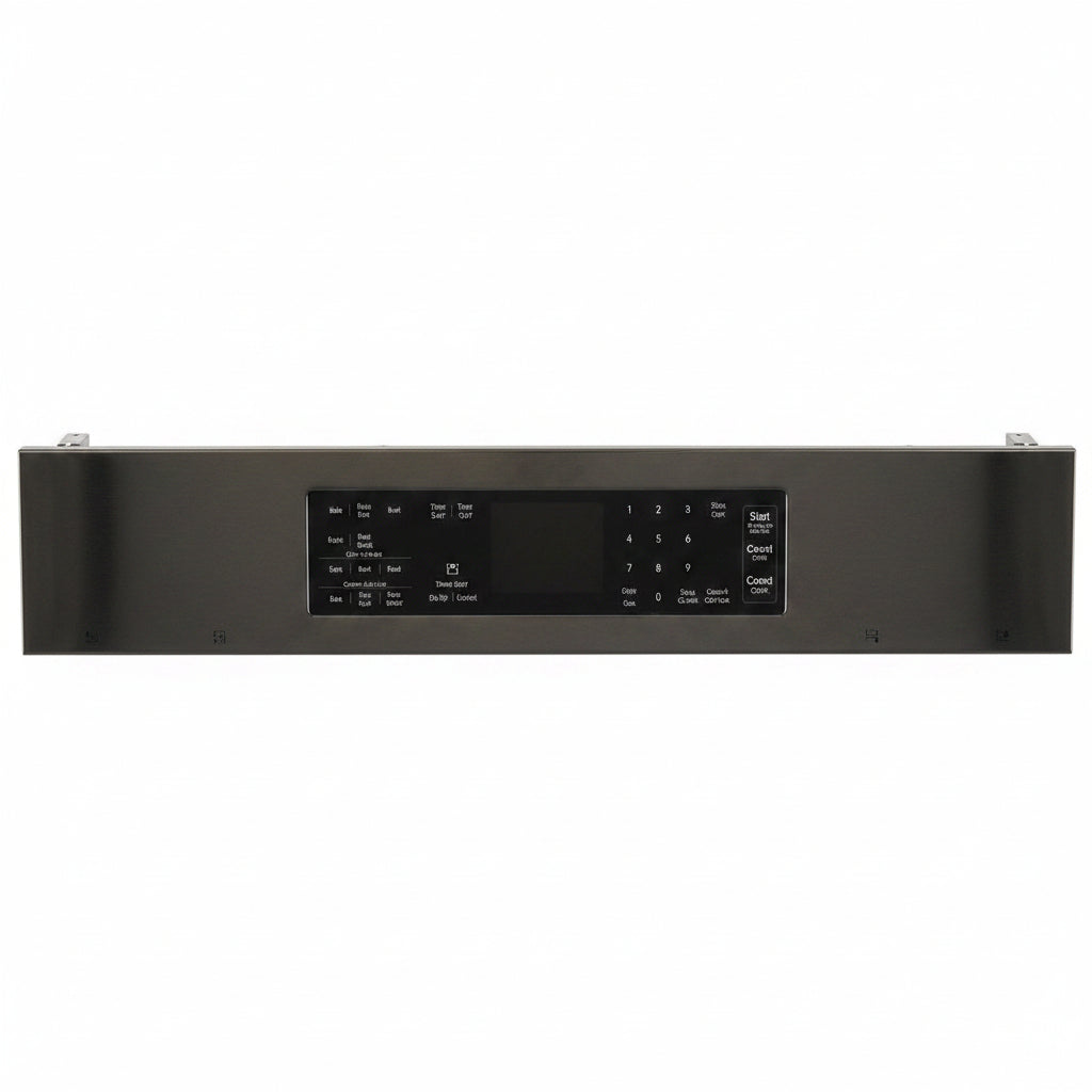 A horizontal stainless steel oven control panel with a digital display and buttons, mounted against a white grid-patterned background.