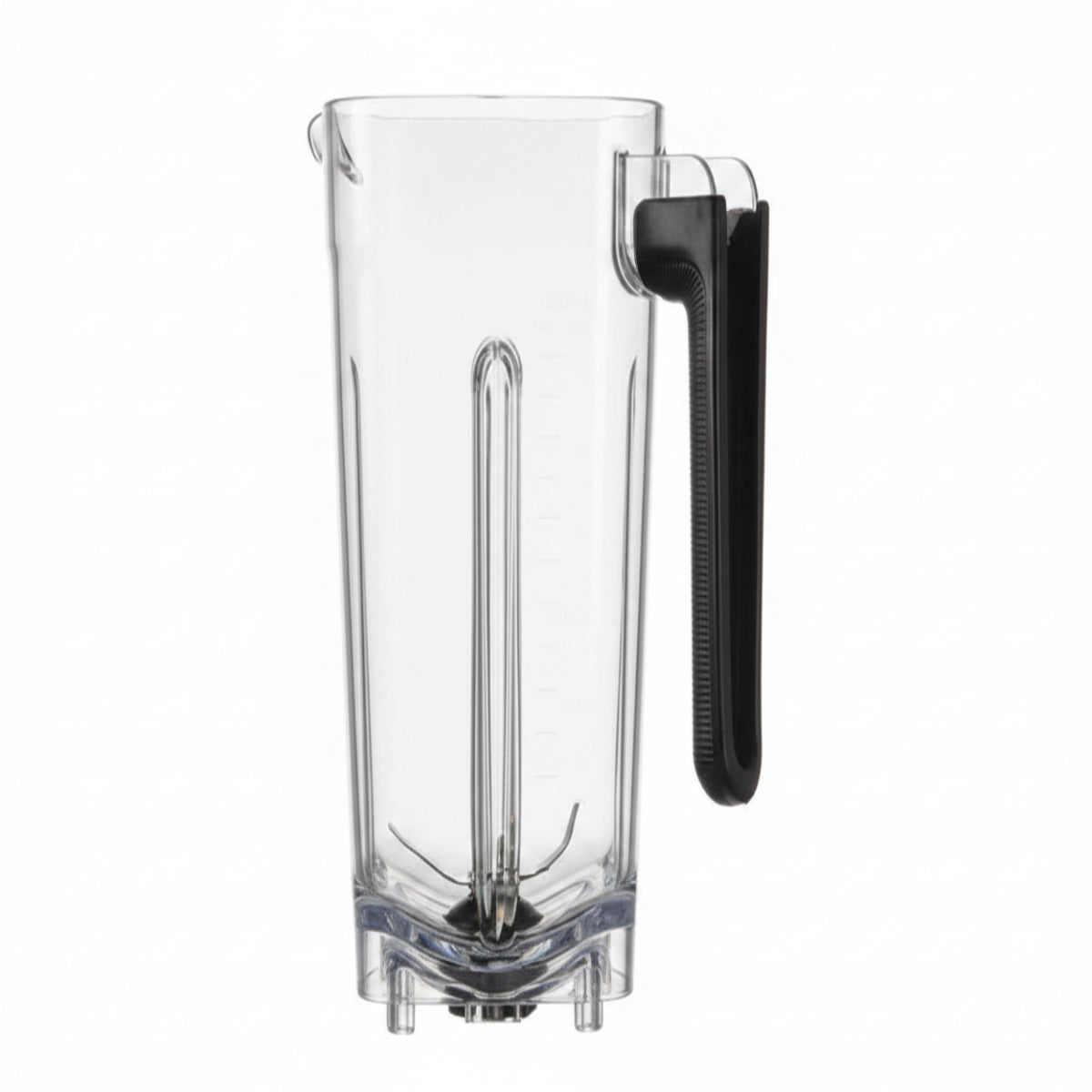 Clear plastic blender pitcher with a black handle attachment, shown against a gray grid background.