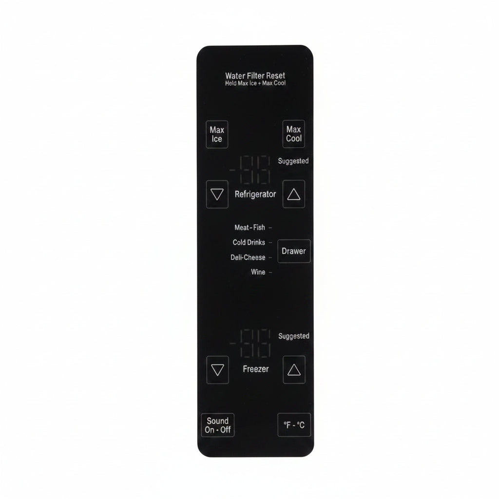A black water filter reset remote control with white text and symbols, shown vertically against a beige grid background.