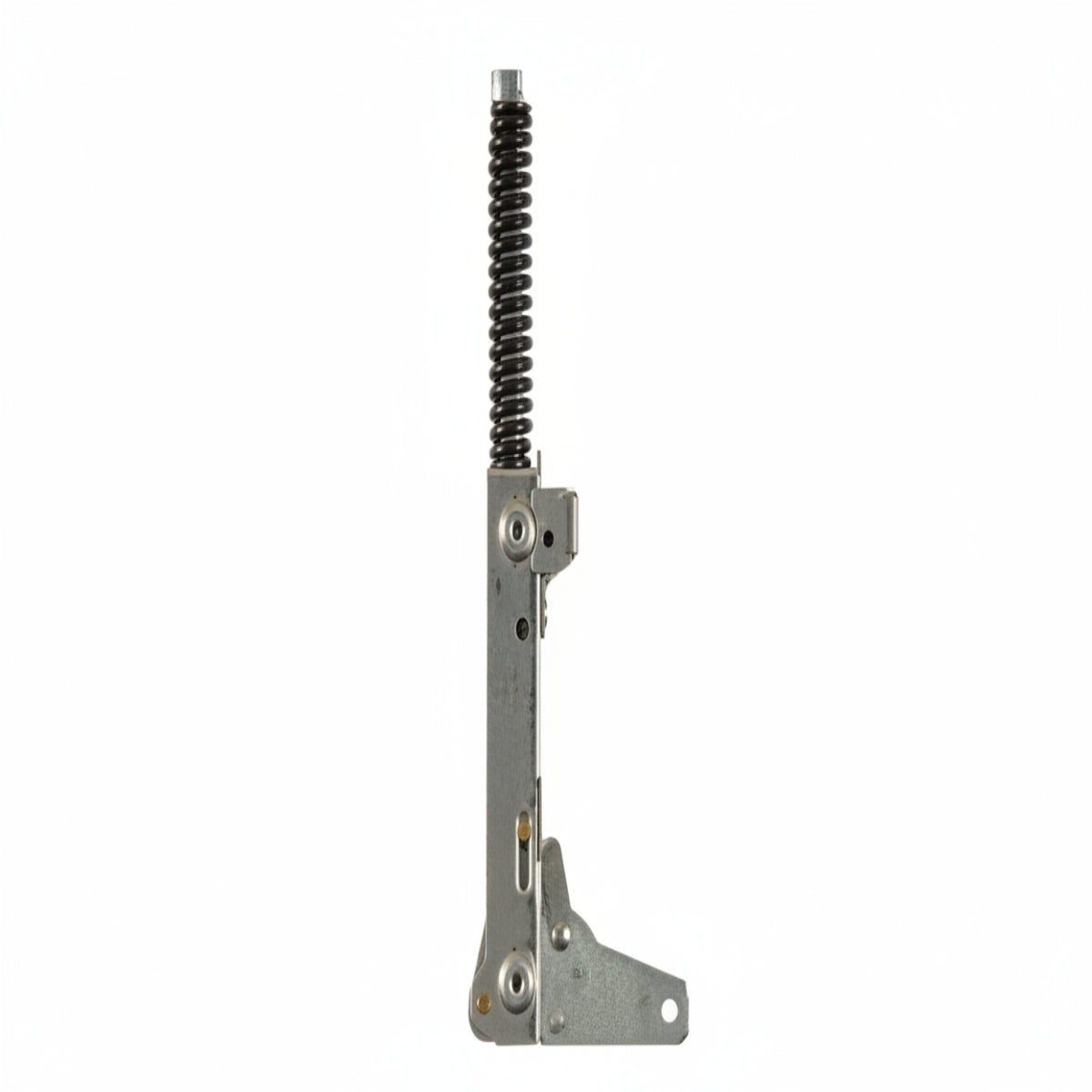 A metal mechanical component with a black coiled spring and silver-toned metal parts, centered against a gray grid background.