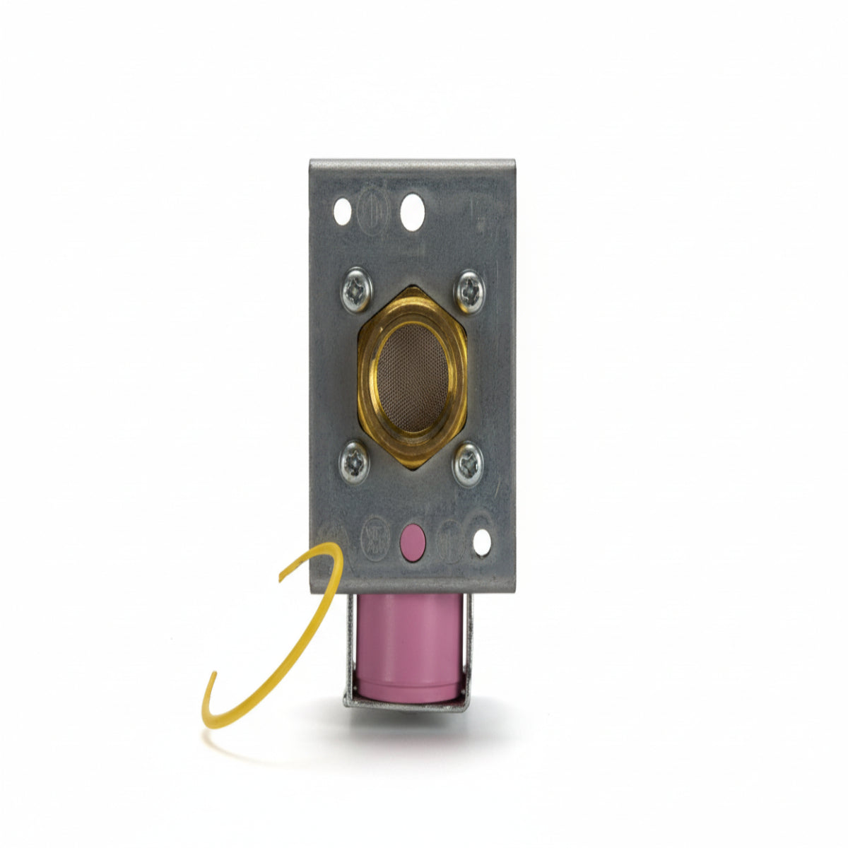 Electrical switch with gold and pink components on a grid background