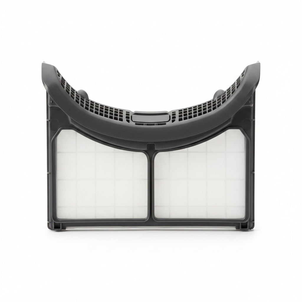 Air filter with black frame and white pleated material on a grid background