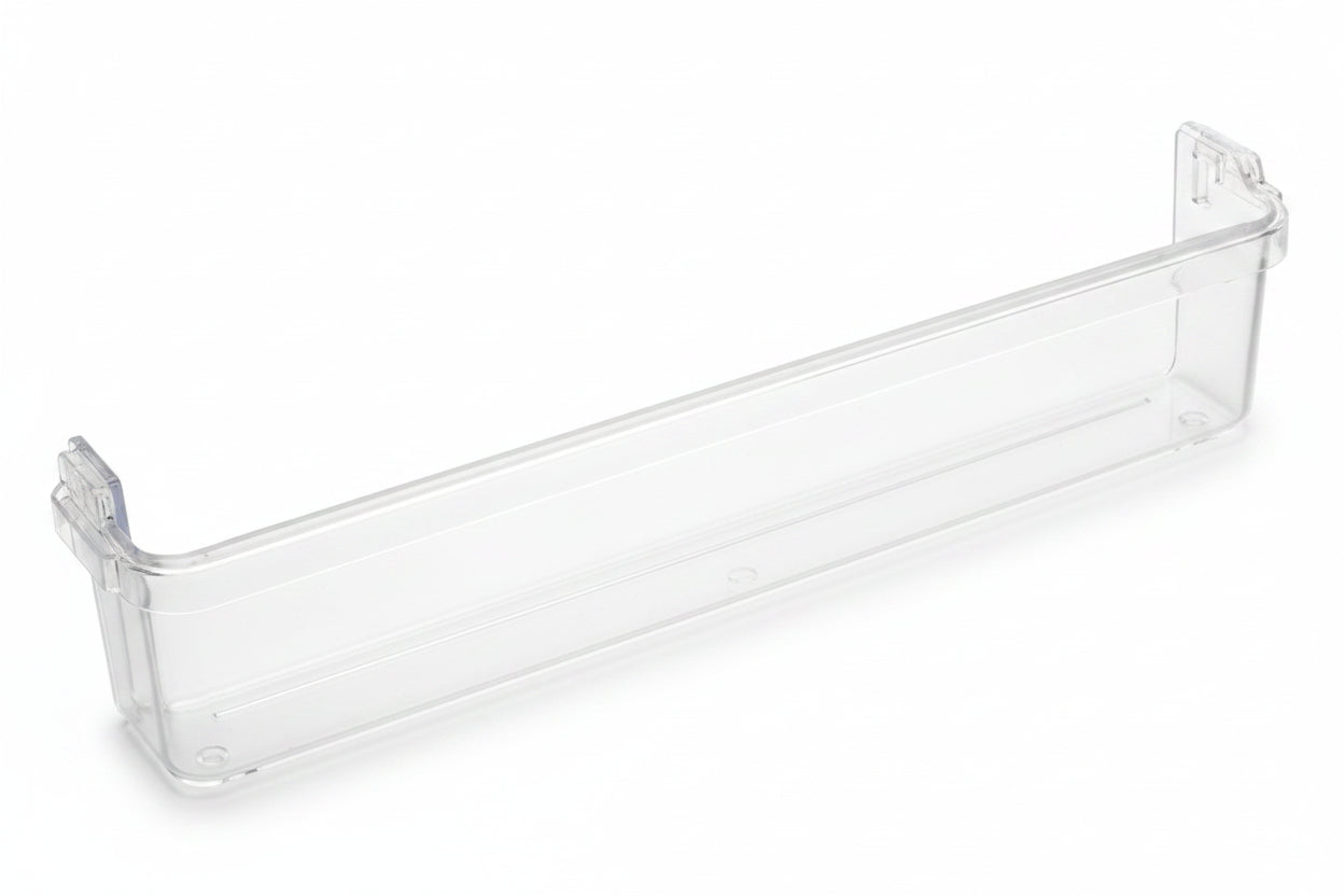 A clear plastic shelf liner or door bin insert shown on a plain light gray background.