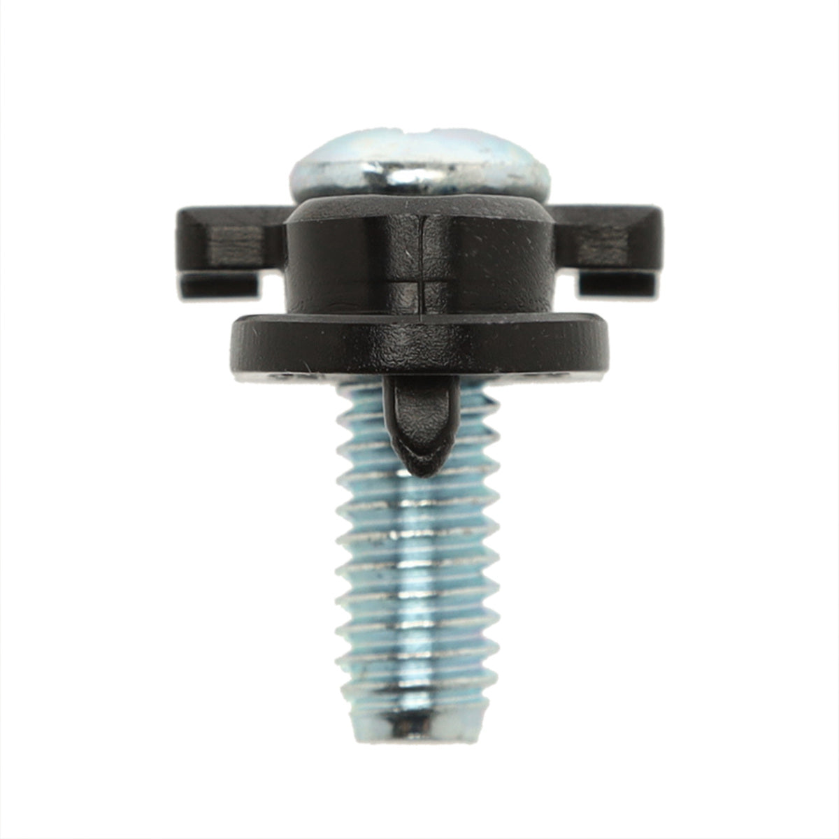 Screw with black plastic clip on a white background