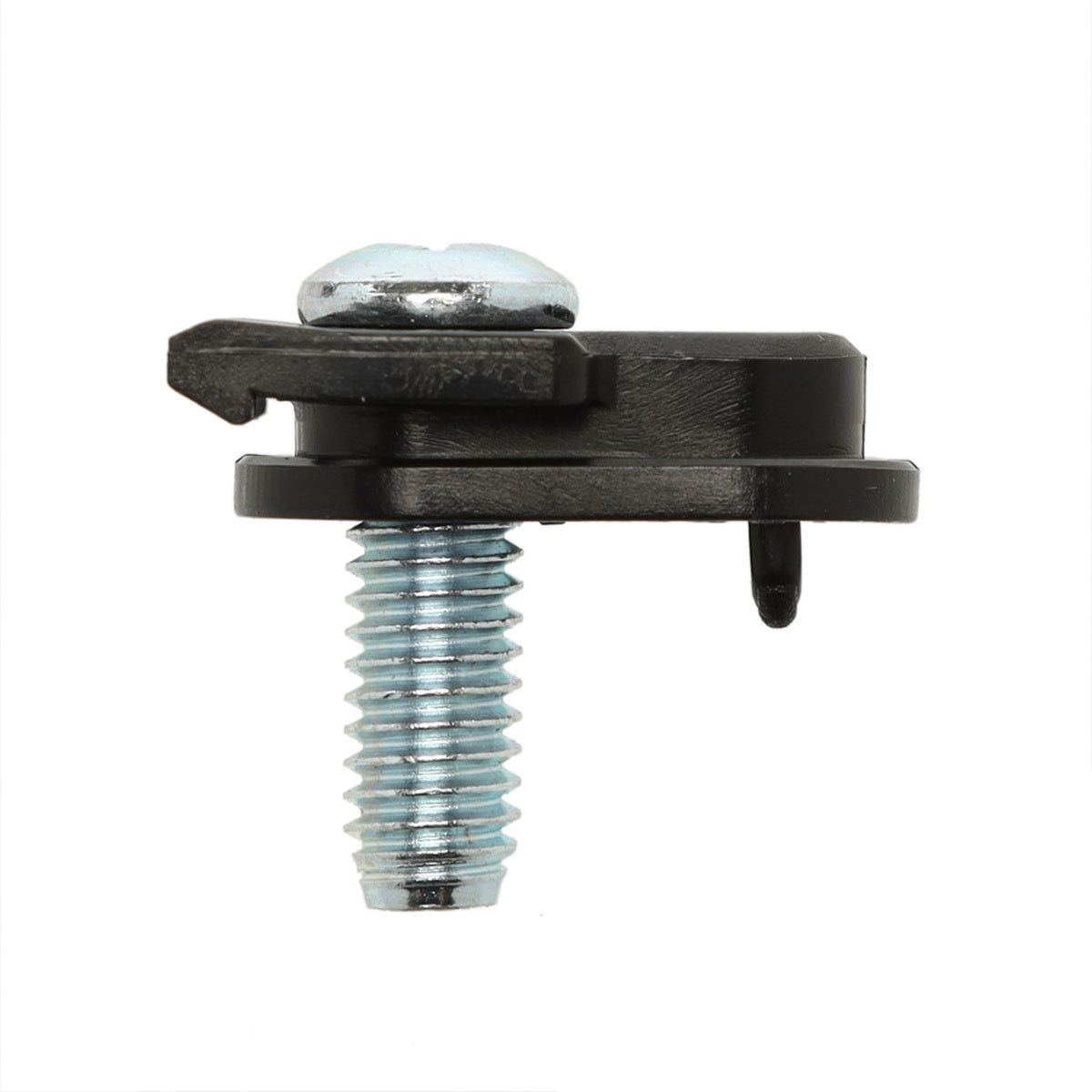 Metal screw with black plastic clip on a white background