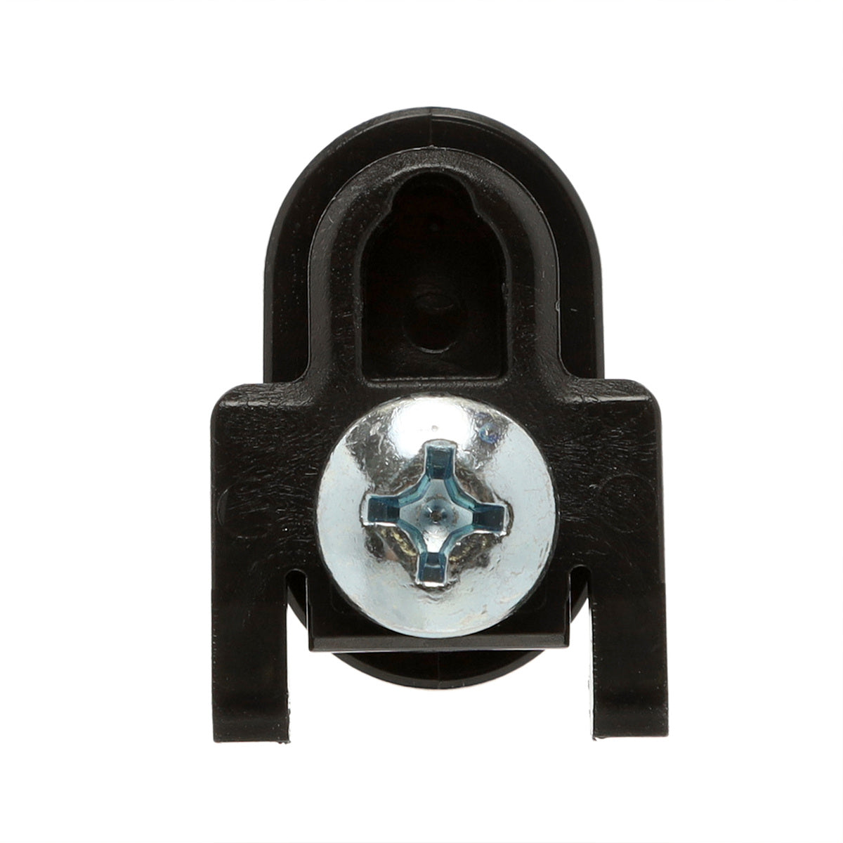 Black plastic clip with a metal screw on a white background