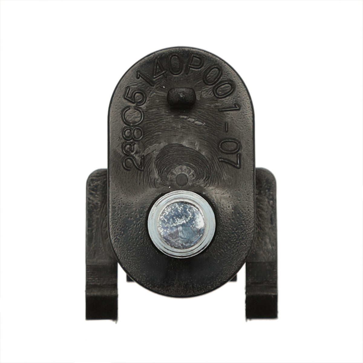 Metallic component with text and a circular feature on a white background