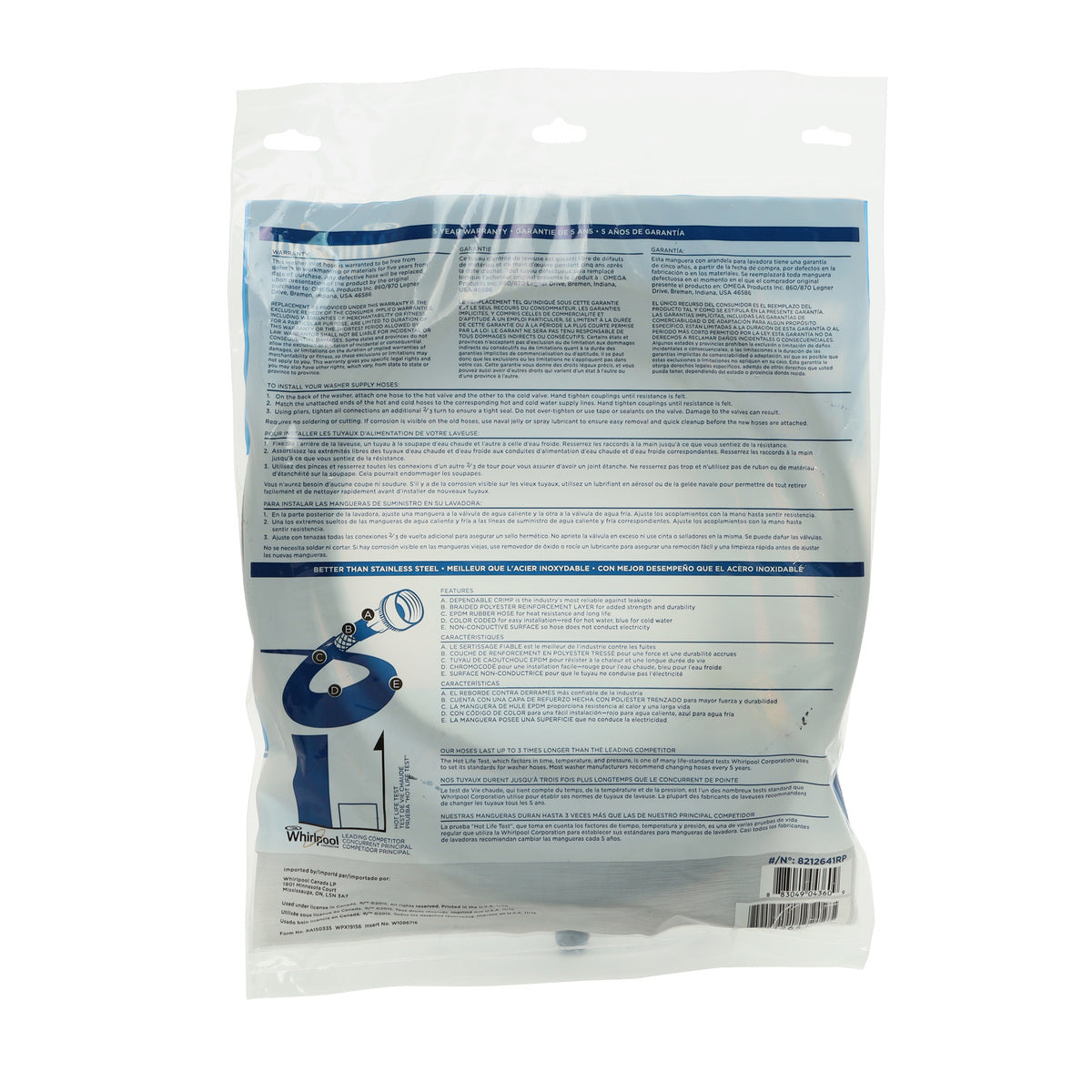 8212641RP Whirlpool Washer Fill Hose (2 Pack) - Appliance Parts Canada