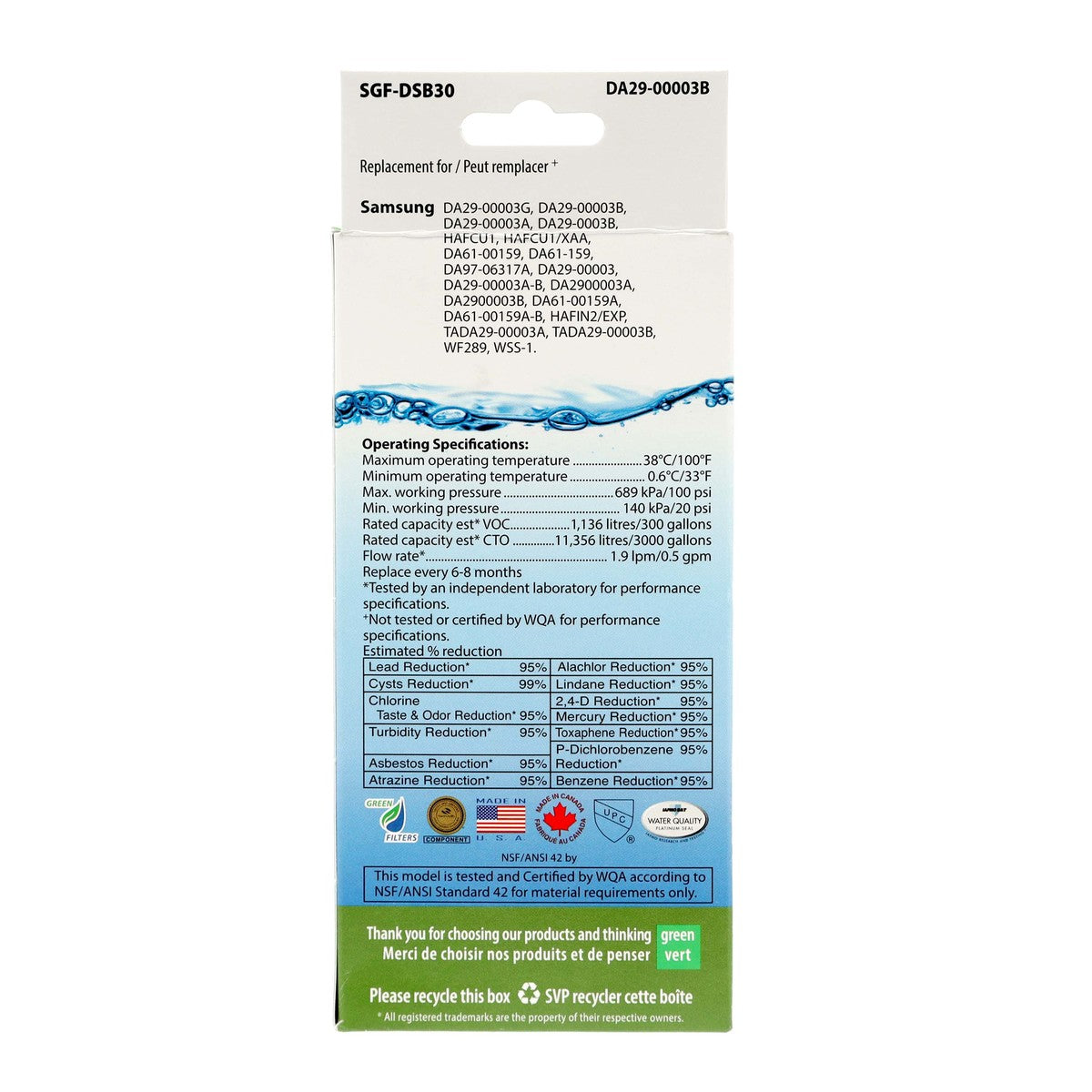 Swift Green Filter SGF-DSB30 Refrigerator Water Filter Replaces DA29-00003G, DA2900003AB - Appliance Parts Canada