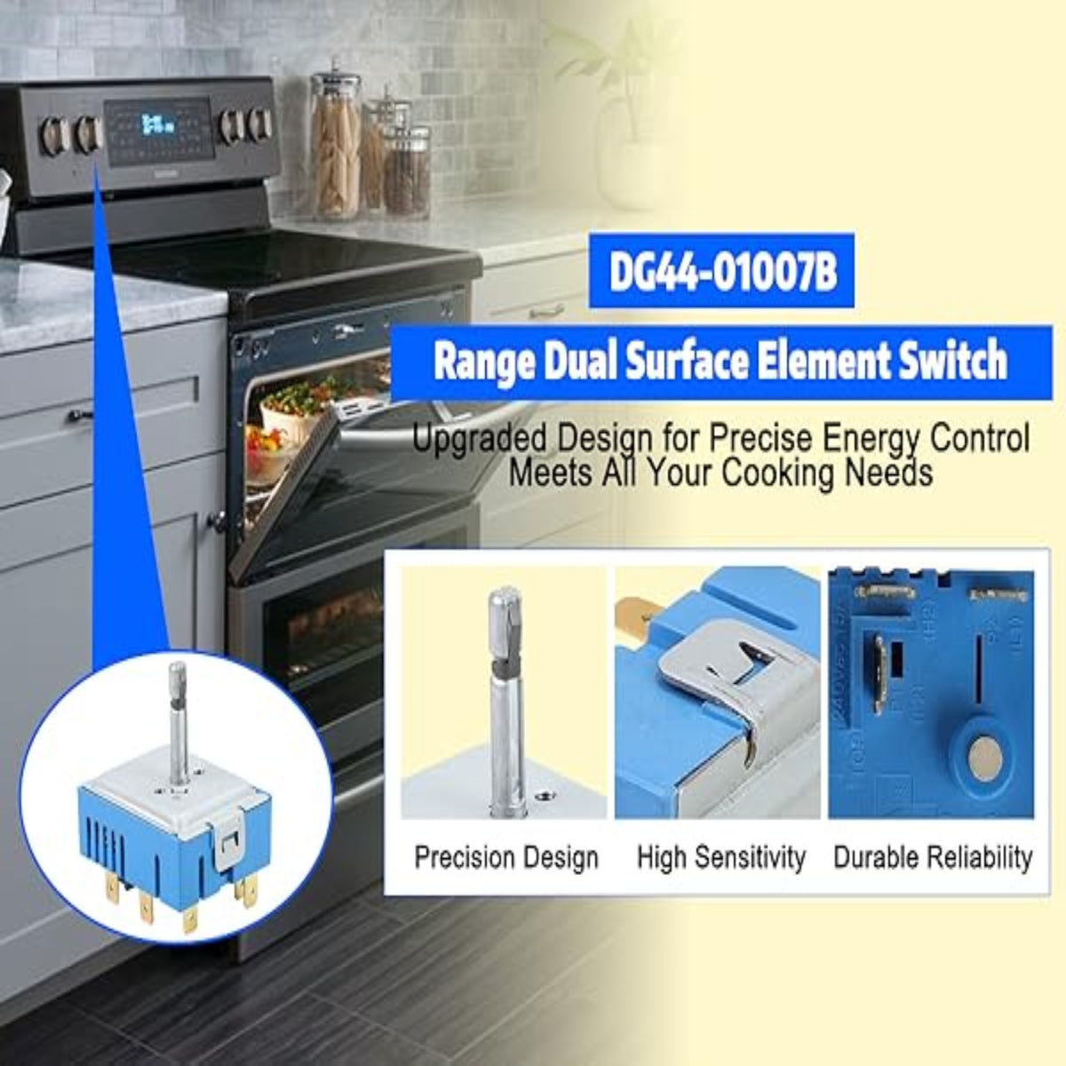 Oven with a focus on a range dual surface element switch labeled DG44-01007B, highlighting precision design, high sensitivity, and durability.