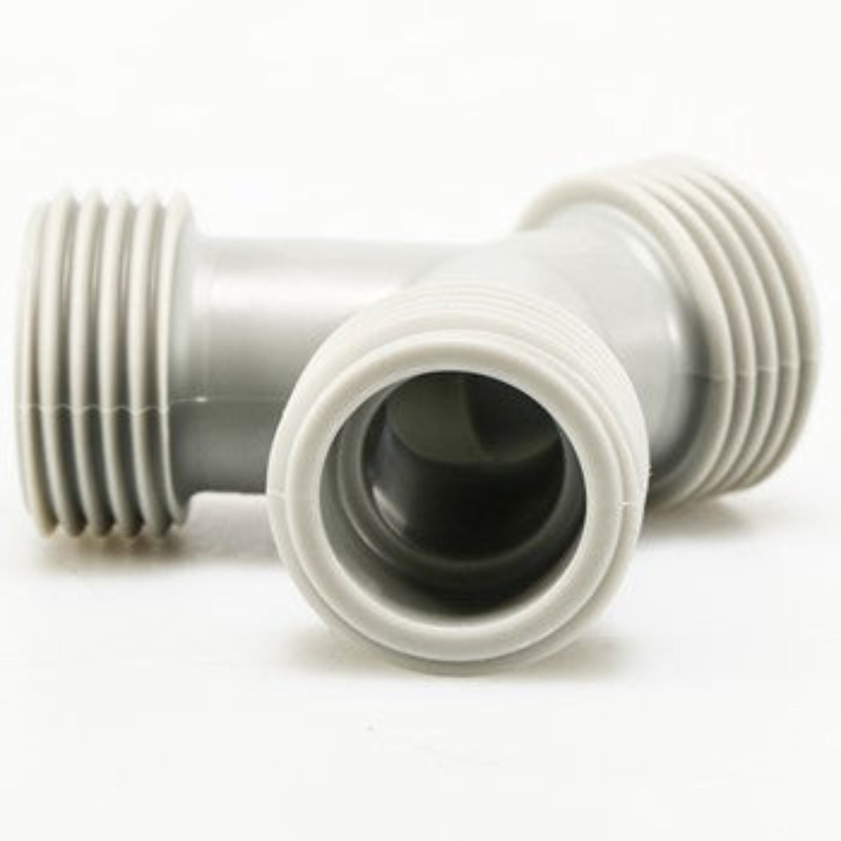 A light gray plastic T-shaped pipe fitting with one male threaded end and two female threaded ends, shown on a white background.