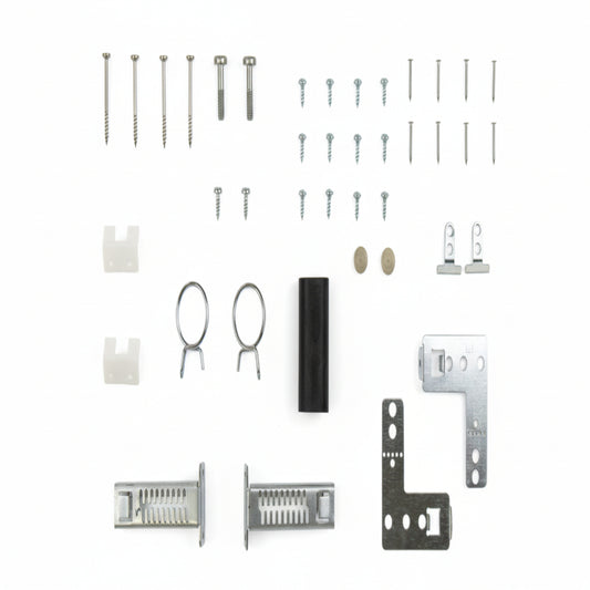 Set of various metal components on a grid background