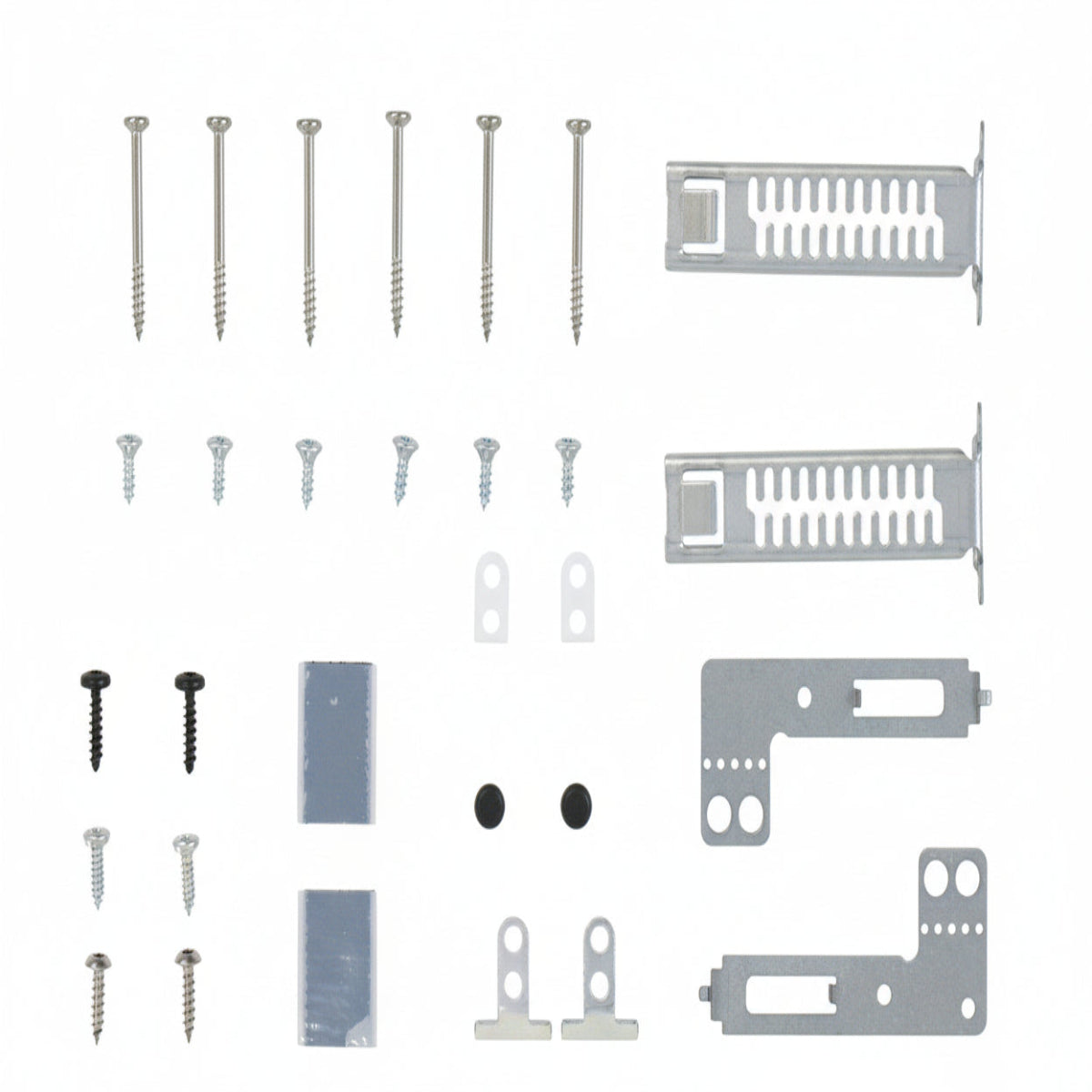 Set of metal brackets and screws on a grid background