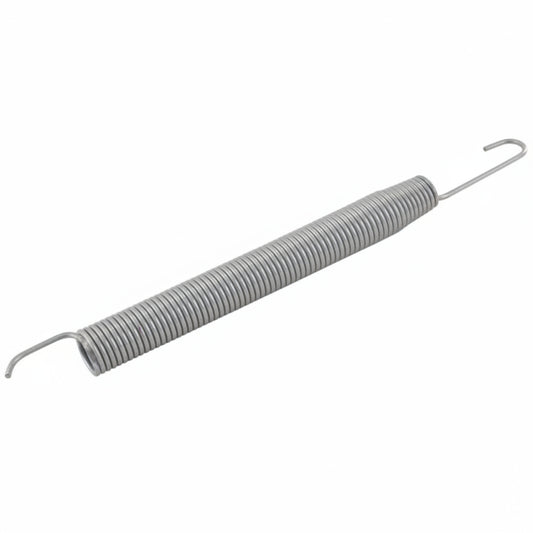 Coiled spring with metal hooks on a white background