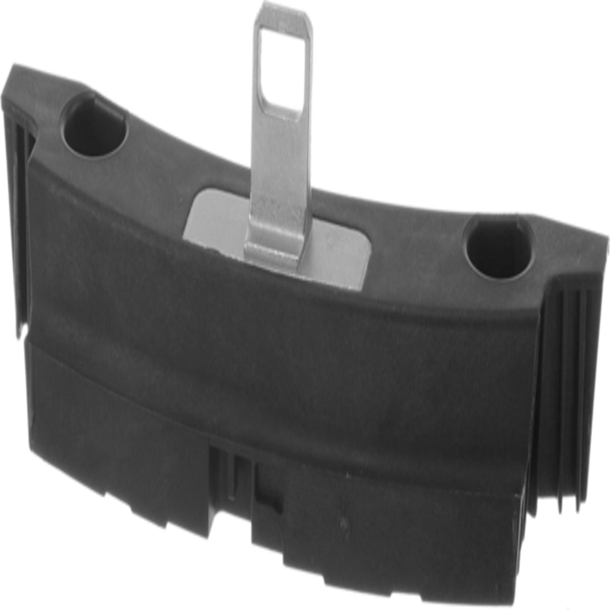 Black plastic component with two circular holes and a metallic clip on a white background