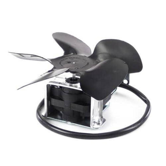 Black and silver propeller-like device on a white background