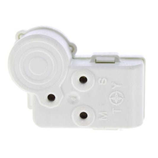 White plastic component with circular and rectangular slots on a white background