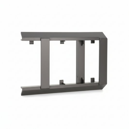 Metallic grid structure on a white background