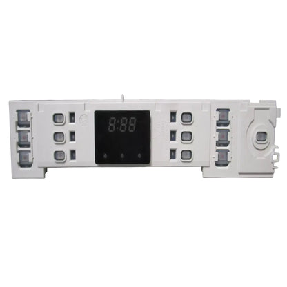 Control panel with digital display and buttons on a gray background